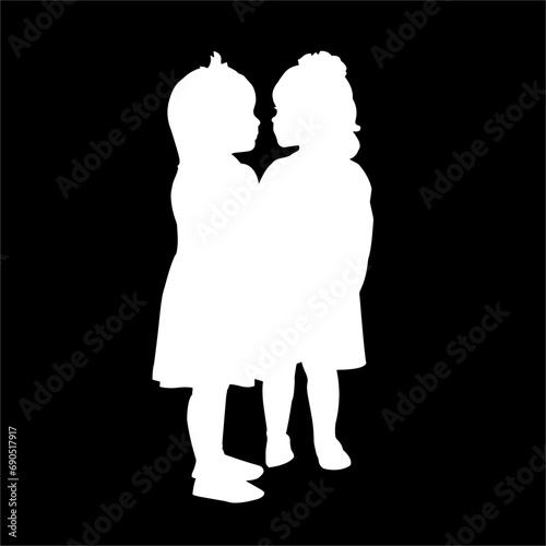 Black and white vector silhouette. Two little girls are standing next to each other. An isolated object. Template design, icon, clipart, logo.