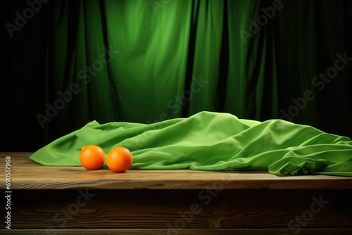  a wooden table topped with two oranges on top of a green cloth next to a pair of oranges.