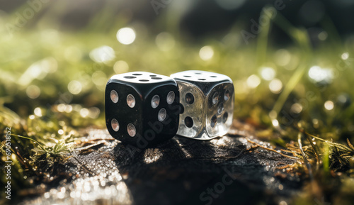 Specialty dice made out of meteorite material. Blurred green grass in background, one translucent, one opaque black. photo