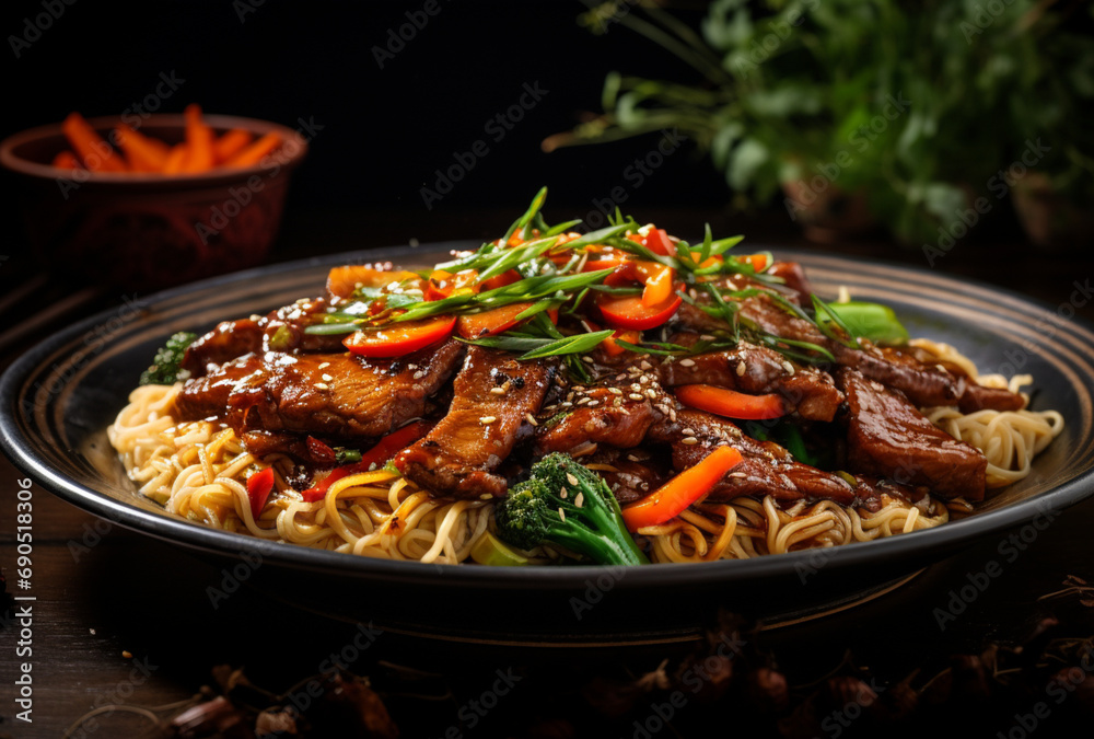 Stir-fry meat and noodles on a plate. AI generated Images