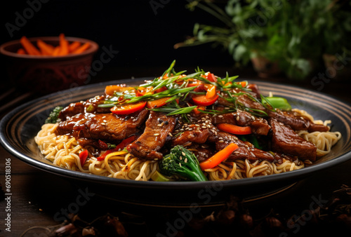 Stir-fry meat and noodles on a plate. AI generated Images