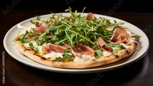 a realistic snapshot of a white pizza with prosciutto and arugula, featuring a garlic-infused white sauce, thinly sliced prosciutto, and fresh arugula