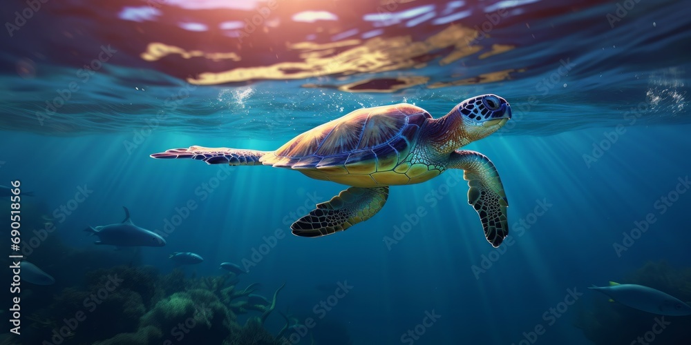Sea turtle or marine turtle swimming in ocean. Generative AI 
