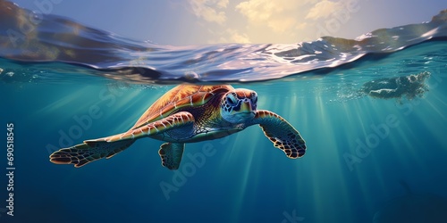 Sea turtle or marine turtle swimming in ocean. Generative AI  © Visual Treasure