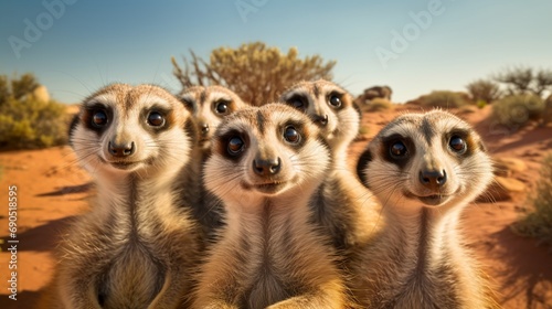picturesque scene of a group of meerkats standing alert in the vast desert landscape © RANA
