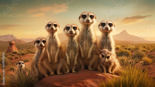 picturesque scene of a group of meerkats standing alert in the vast desert landscape