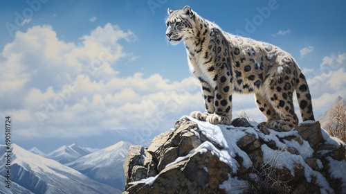 the elusive elegance of a snow leopard navigating a rocky mountain terrain