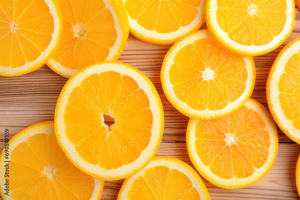 a pile of sliced oranges sitting on top of a wooden table next to a wooden table with a knife. a pile of sliced oranges sitting on top of a wooden table next to a wooden table with a knife.