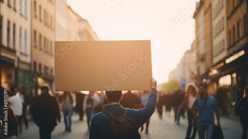  a man holding up a cardboard sign in the middle of a crowd of people walking down a street at sunset. © Jevjenijs