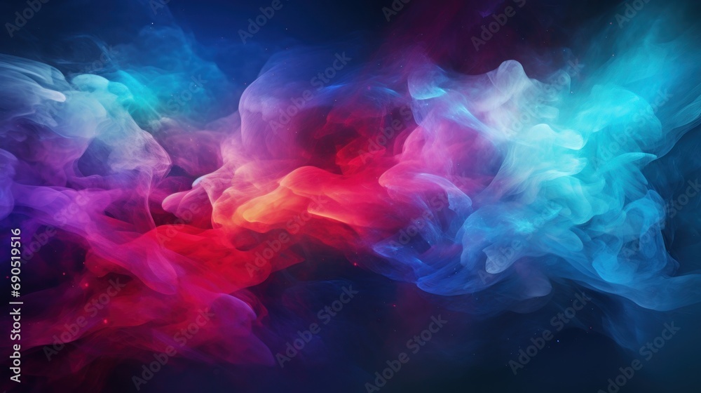 a blue, pink, and red cloud of smoke on a black background with space for the text on the left side of the image. a blue, pink, and red cloud of smoke on a black background with space for the text on the left side of the image.