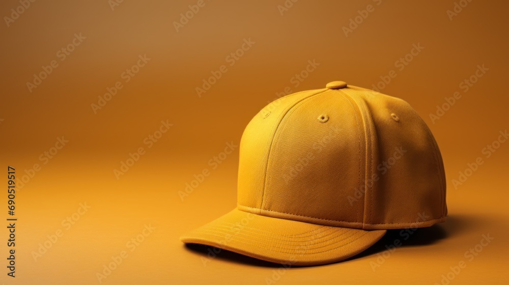 a yellow baseball cap sitting on top of a yellow table next to a brown wall in front of a brown background. a yellow baseball cap sitting on top of a yellow table next to a brown wall in front of a brown background.