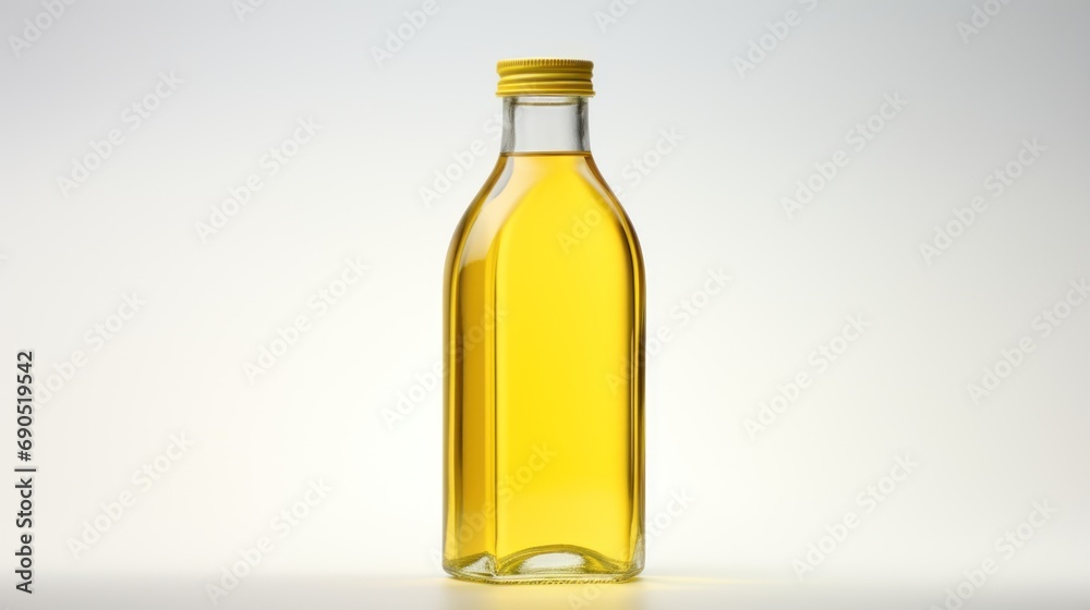  a yellow glass bottle with a yellow cap on a white background with a light reflection on the bottom of the bottle.