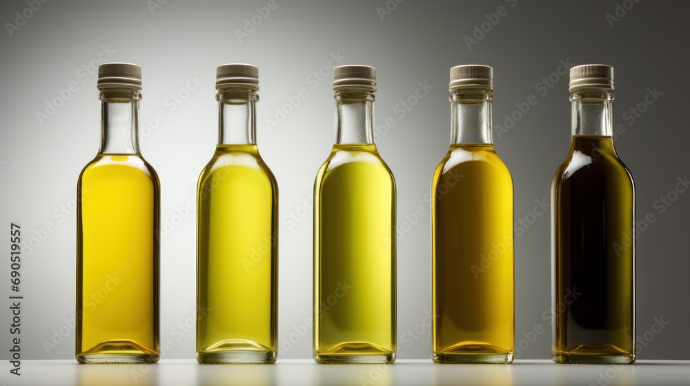 three bottles of olive oil are lined up in a row on a white surface, one is empty and the other is empty. three bottles of olive oil are lined up in a row on a white surface, one is empty and the other is empty.