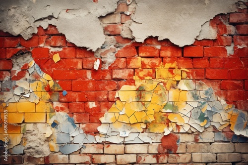 a red brick wall with peeling paint and peeling paint on the brick, with a yellow and red paint chipping off of it. © Jevjenijs