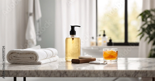 Empty marble table top with towel   shower gel bottle blurred white bathroom interior