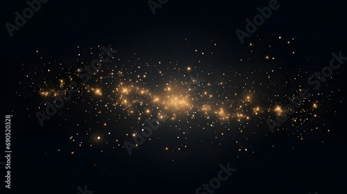 Dust sparks and golden stars shine with special light. Vector sparks on black background. Christmas light effect. Sparkling magic dust particles.
 photo