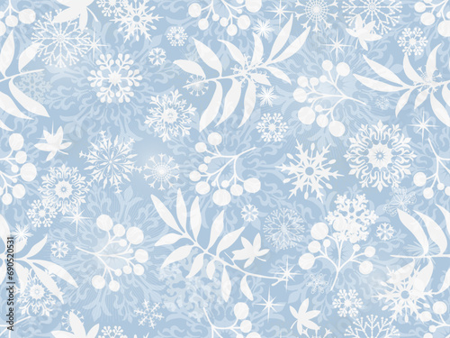 Vector Christmas seamless pattern with silvery snowflakes, leaves, berries, stars