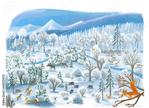 cartoon christmas scene with city in the winter with some wild animals near the town illustration for children