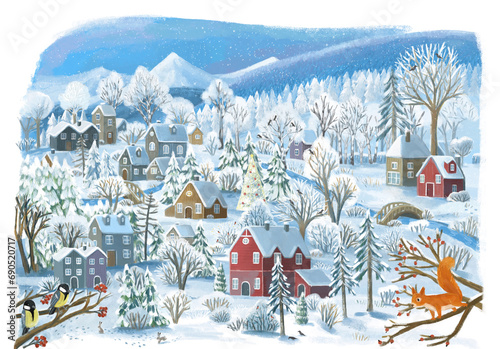 Fototapeta Naklejka Na Ścianę i Meble -  cartoon christmas scene with city in the winter with some wild animals near the town illustration for children