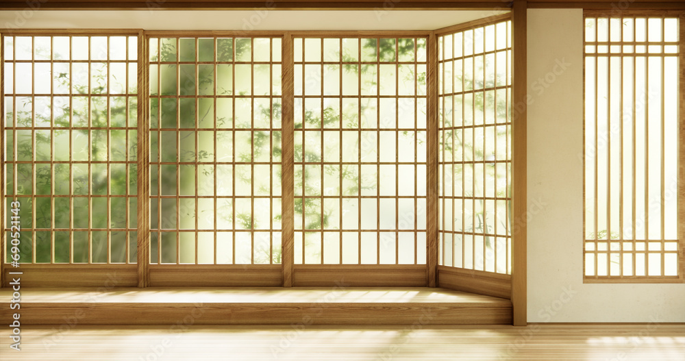 Circle window japan style on Empty room minimalist room interior. Circle window japan style on Empty room minimalist room interior.