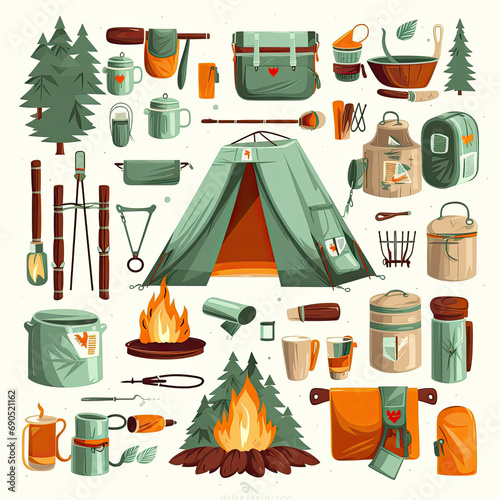Camping elements simple onwhite background cartoon style AI Generated
