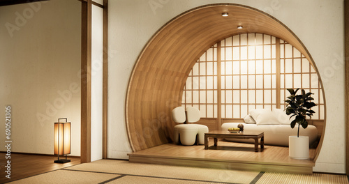 Wooden Arm chair and partition japanese on room tropical interior.3d rendering photo