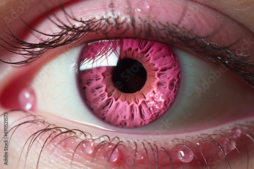  a close up of a person's eye with a pink colored eyeball in the center of the eye. © Jevjenijs