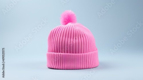  a pink knitted hat with a pink pom - pom on the top of the pom pom.