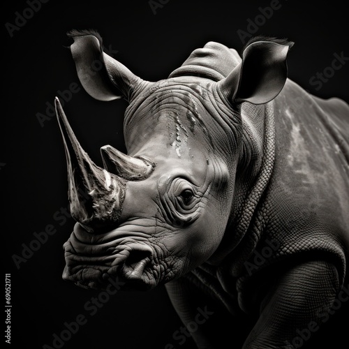  a black and white photo of a rhinoceros in a black and white photo of a rhinoceros. © Jevjenijs