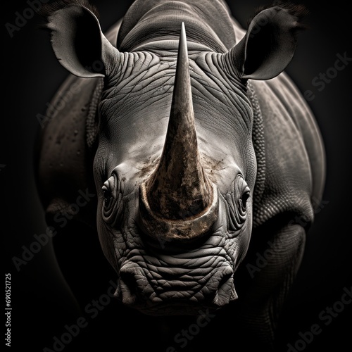  a close up of a rhino's face in black and white with a rhino's horn sticking out.