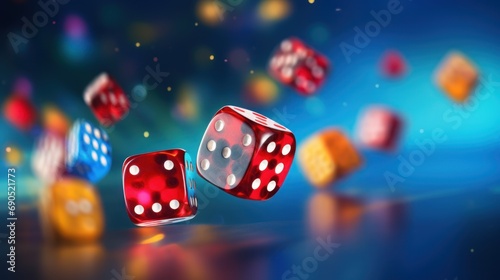  a close up of two red dices on a table with other dices in the air in the background.