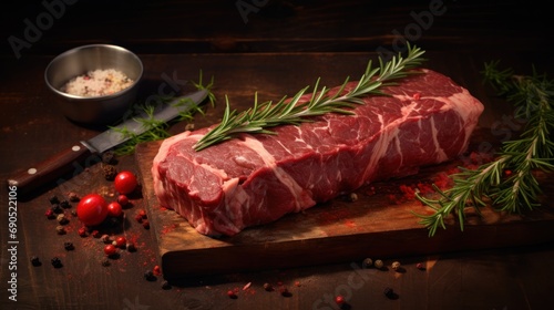  a piece of raw meat sitting on top of a wooden cutting board next to a bowl of seasoning and a knife.