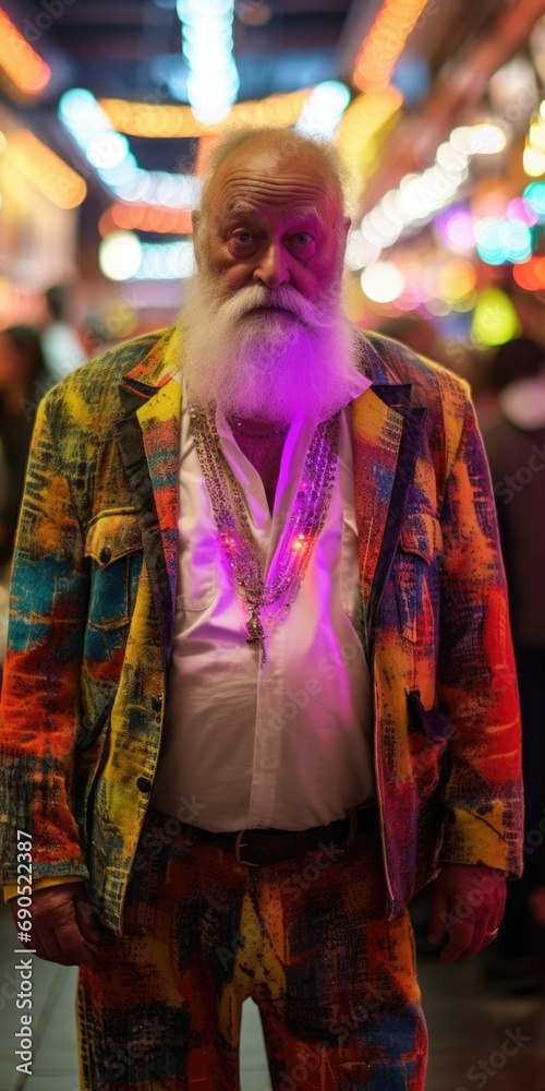 An old man with a beard and a colorful suit. Generative AI.