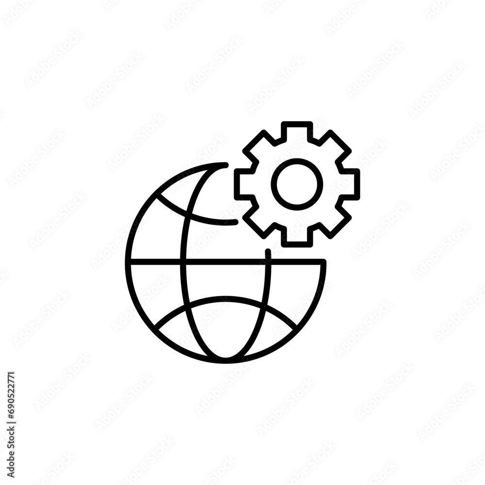 Illustration of a globe and gear icon isolated on a white background, symbolizing global business and innovation Illustration of a globe and gear icon isolated on a white background, symbolizing global business and innovation