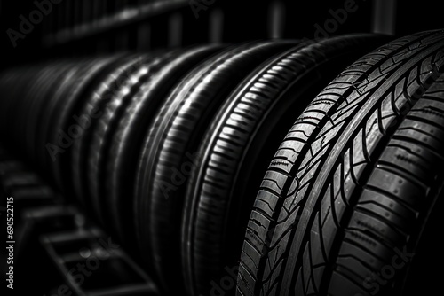  a row of tires sitting next to each other in front of a rack of other tires in a dark room. photo