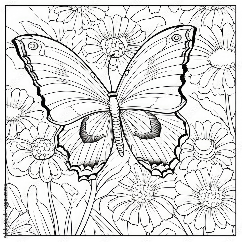 Fototapeta premium Colouring page for kids, a vibrant butterfly fluttering among colourful flowers