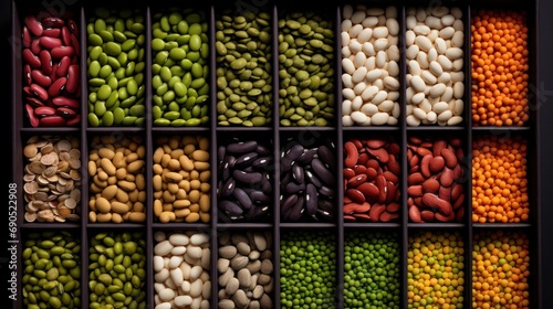  a box filled with lots of different types of beans and beans next to each other on top of a table.