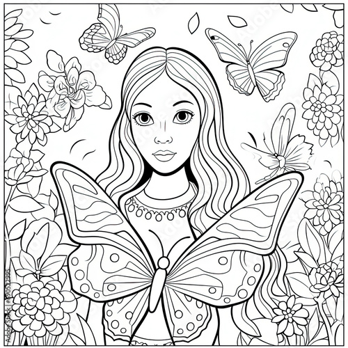 Colouring page for kids, a vibrant butterfly fluttering among colourful flowers