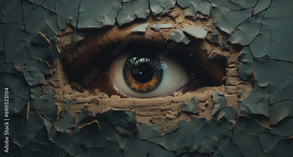 a close up of a person's eye looking through a hole in a wall that has peeling paint on it.