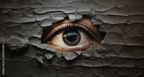  a close up of a person's eye looking through a hole in a sheet of paper that has been torn in half. photo