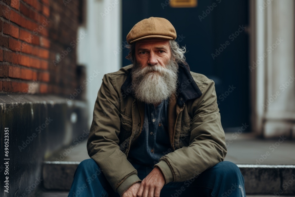 Portrait of an old man with gray beard sitting on the street.