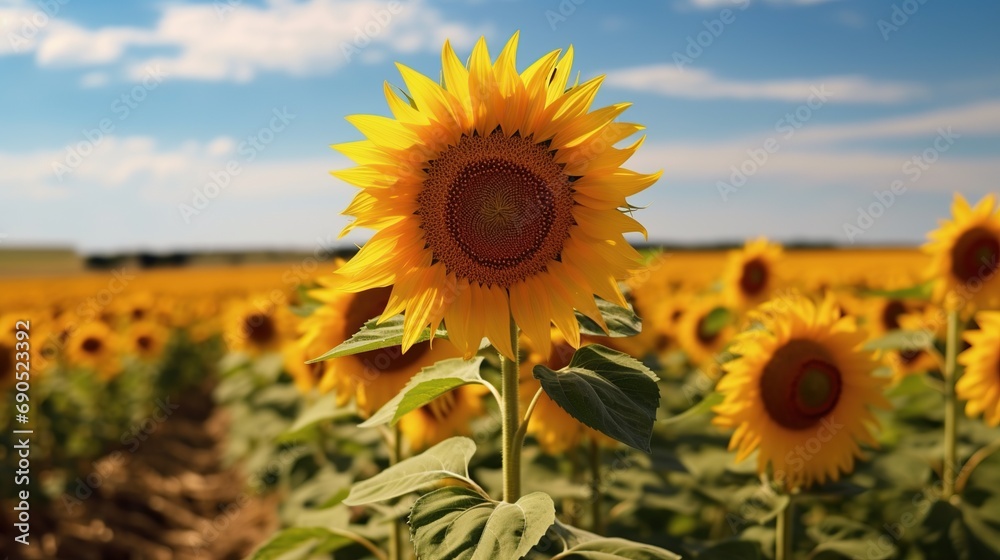 Fototapeta premium Field of flowers of sunflowers, blue sky and white clouds in the background