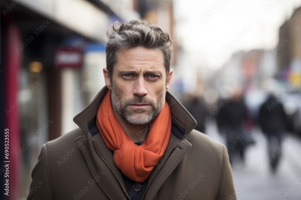 Portrait of a handsome middle-aged man wearing a coat and scarf in a city street Portrait of a handsome middle-aged man wearing a coat and scarf in a city street