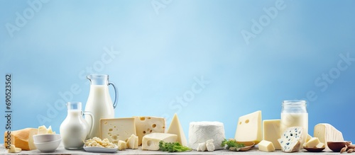 Dairy Products on a Blue Background with Copy Space, healthy food.