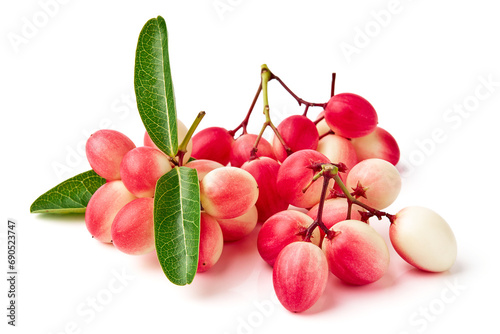 Karonda and leaves isolated on white background. Karonda is fruit in the berry group, has a sour taste, scientific name Carissa carandas (Carunda, Christ's thorn, Bengal Currants). photo