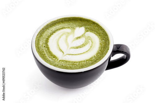 Black cup of Hot Matcha Latte (Hot Milk Green Tea) with foam art isolated on white background.