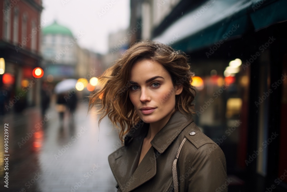 Beautiful young woman in the city at rainy day. Urban portrait.