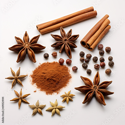 Cinnamon and star anise on white background