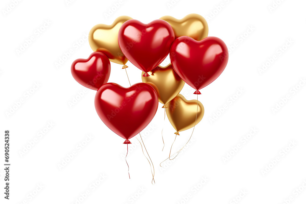 Gold and red flying glossy foil heart balloons, white background isolated PNG