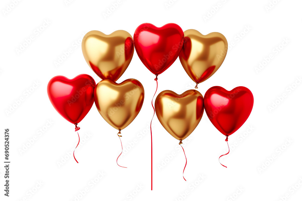 Gold and red flying glossy foil heart balloons, white background isolated PNG